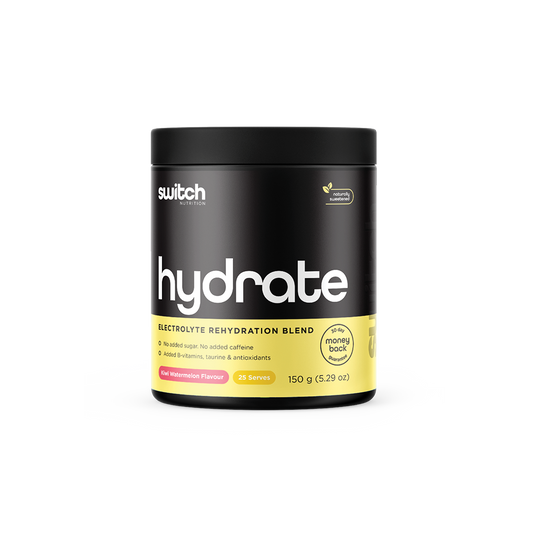 Switch Nutrition HYDRATE Electrolyte Rehydration Blend in Kiwi Watermelon Flavor, 150g container with 25 servings, displaying no added sugar or caffeine, and enriched with B-vitamins, taurine, and antioxidants, with a 60-day money-back guarantee seal.