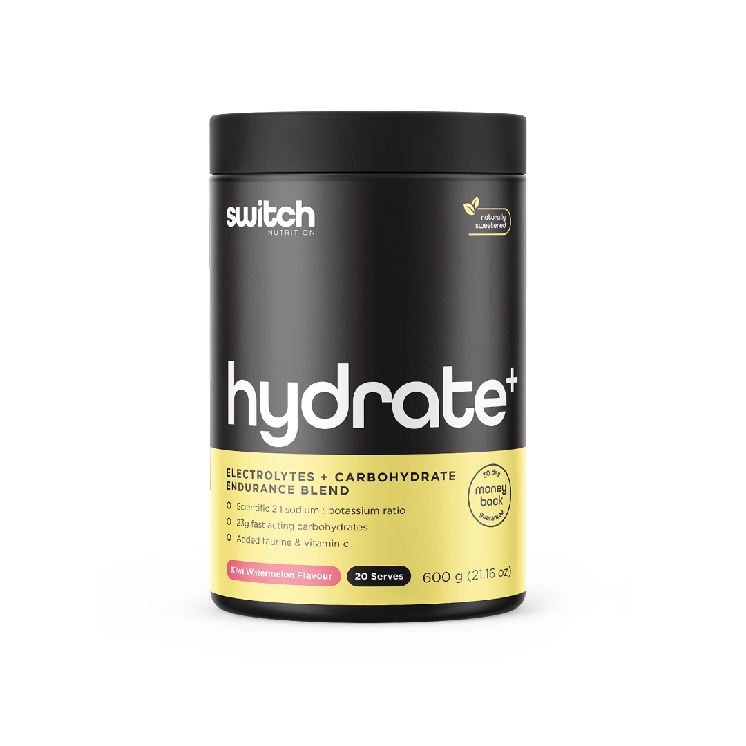 Switch Nutrition Hydrate+ Electrolytes + Carbohydrate Endurance Blend Kiwi Watermelon Flavour 600g (20 Serves) - Features a scientific 2:1 sodium to potassium ratio, 23g fast-acting carbohydrates, and added taurine and vitamin C. Naturally sweetened with a 30-day money-back guarantee.