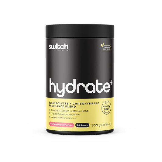 Switch Nutrition Hydrate+ Electrolytes + Carbohydrate Endurance Blend Kiwi Watermelon Flavour 600g (20 Serves) - Features a scientific 2:1 sodium to potassium ratio, 23g fast-acting carbohydrates, and added taurine and vitamin C. Naturally sweetened with a 30-day money-back guarantee.