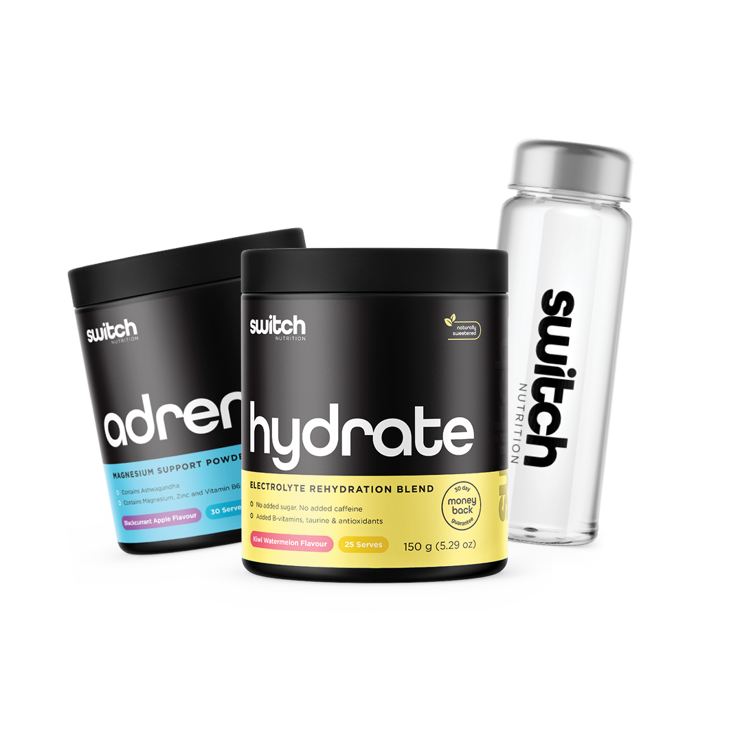 Switch Nutrition Hydration & Recovery Essentials Bundle – Featuring Hydrate Switch (Electrolyte Rehydration Blend, Kiwi Watermelon Flavour, 150g), Adrenal Switch (Magnesium Support Powder, Blackcurrant Apple Flavour, 30 Serves), and a Clear Branded Water Bottle. Premium hydration and recovery support with added vitamins, minerals, and antioxidants.