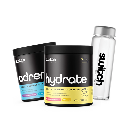 Switch Nutrition Hydration & Recovery Essentials Bundle – Featuring Hydrate Switch (Electrolyte Rehydration Blend, Kiwi Watermelon Flavour, 150g), Adrenal Switch (Magnesium Support Powder, Blackcurrant Apple Flavour, 30 Serves), and a Clear Branded Water Bottle. Premium hydration and recovery support with added vitamins, minerals, and antioxidants.