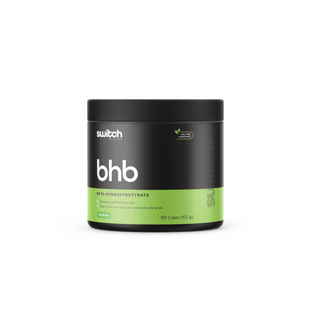 Switch Nutrition BHB Beta-Hydroxybutyrate 90 Caps (63g) - Ketogenic performance fuel to support your keto diet, fasting, and body goals. Naturally sweetened and provides 30 serves.