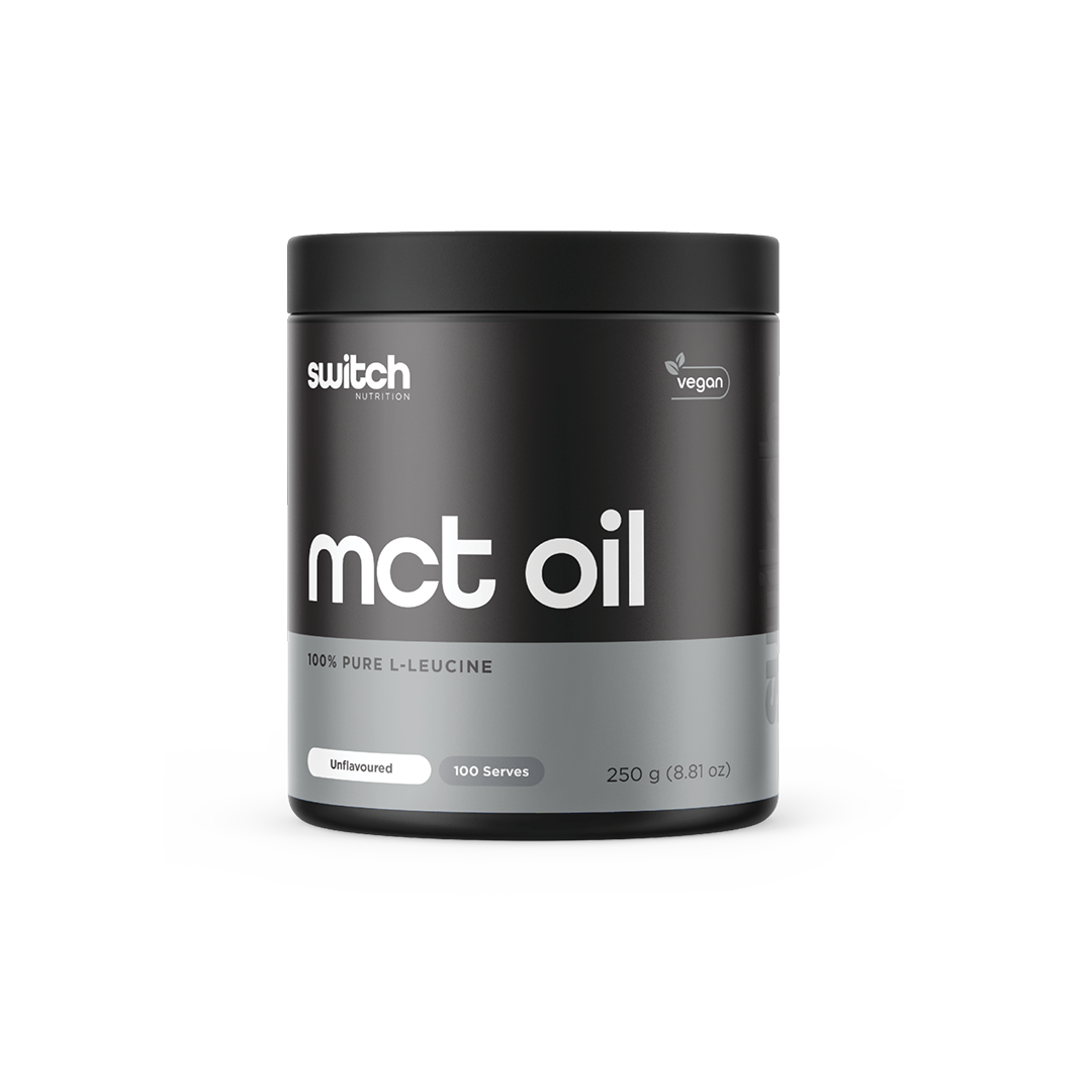 Image displaying a container of Switch Nutrition MCT Oil, a 100% pure MCT oil powder. The product is vegan and unflavoured, offering 100 servings in a 250g container. The design features a black background with white and grey text.