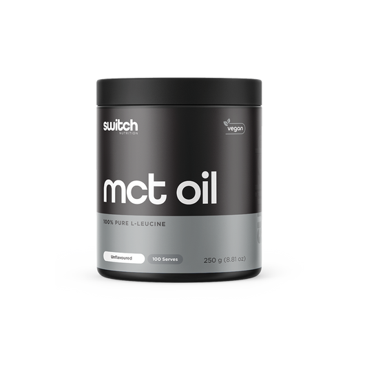 Image displaying a container of Switch Nutrition MCT Oil, a 100% pure MCT oil powder. The product is vegan and unflavoured, offering 100 servings in a 250g container. The design features a black background with white and grey text.