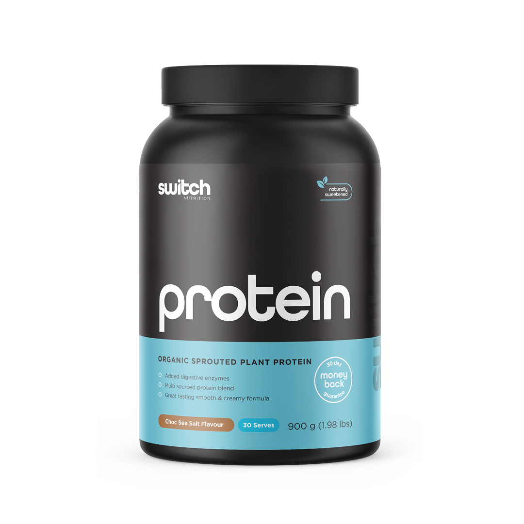 Black container of Switch Nutrition Protein labeled 'Organic Sprouted Plant Protein' in Vanilla Bean flavor with a '30-day money back guarantee' and '#1 plant protein' badge, containing 30 servings at 900g.