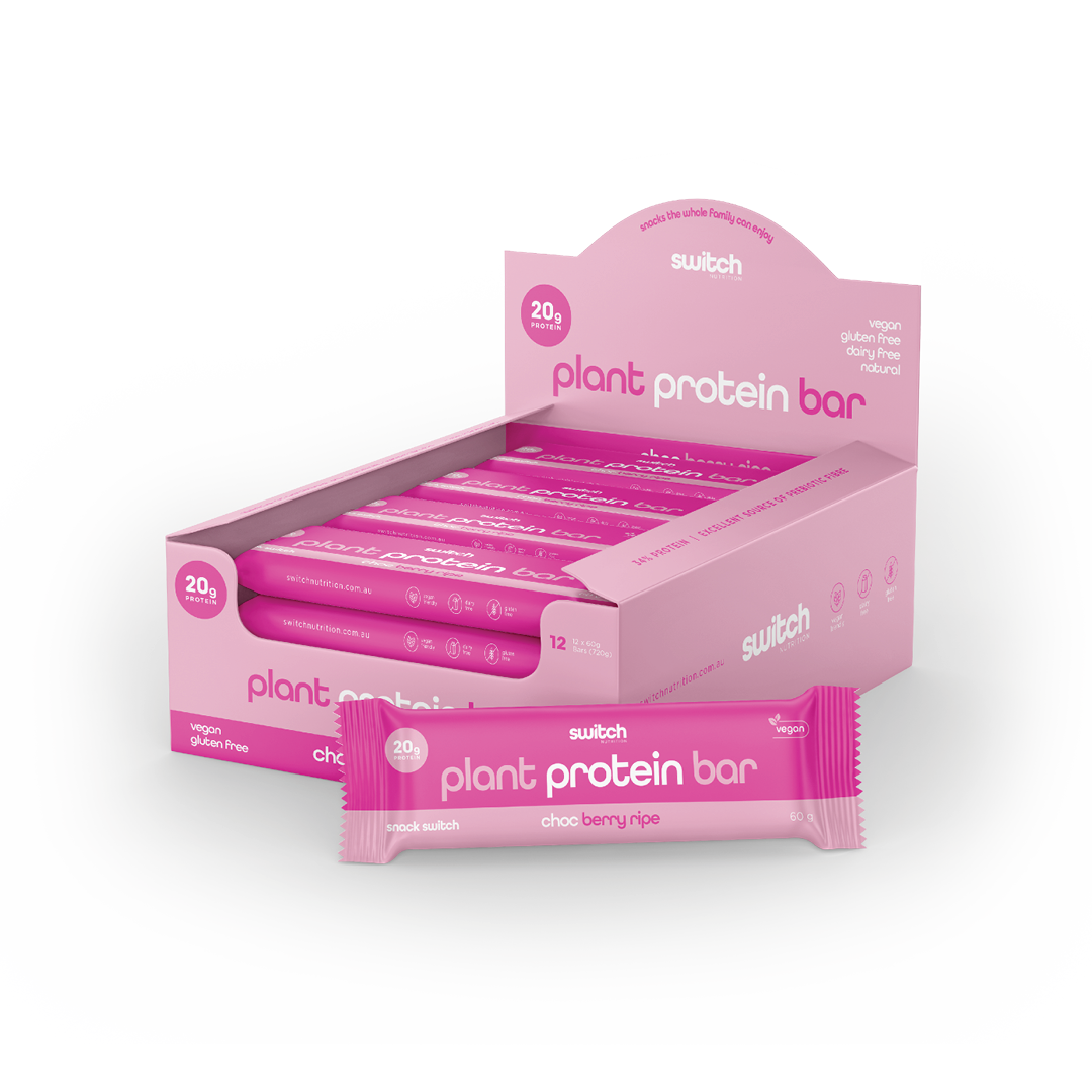 Switch Nutrition Plant Protein Bar Box - Includes 12 Choc Berry Ripe flavour bars (60g each). Each bar contains 20g of protein, is vegan, gluten-free, dairy-free, and made with natural ingredients. Comes in a pink box with individual pink wrappers.