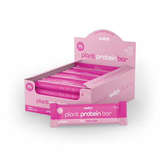 Switch Nutrition Plant Protein Bar Box - Includes 12 Choc Berry Ripe flavour bars (60g each). Each bar contains 20g of protein, is vegan, gluten-free, dairy-free, and made with natural ingredients. Comes in a pink box with individual pink wrappers.