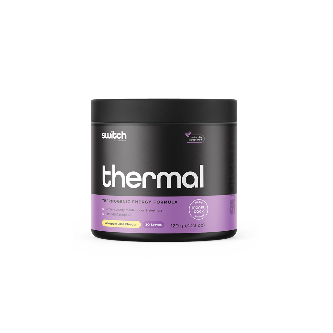 A jar of Switch Nutrition "thermal" thermogenic energy formula supplement against a transparent background. The jar is black with a gradient of purple to pink on the label, indicating a Mango Passionfruit flavor. It's advertised to increase energy, mental focus, and alertness with a playful tagline "Let's HEAT things up!" prominently displayed.