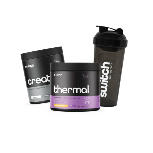 Switch Nutrition bundle featuring Thermal Switch thermogenic energy formula in Raspberry Passionfruit flavor, 100% pure micronised creatine powder in an unflavoured variant, and a branded Switch Nutrition black shaker bottle. This stack is designed to support energy, mental focus, and enhanced workout performance.