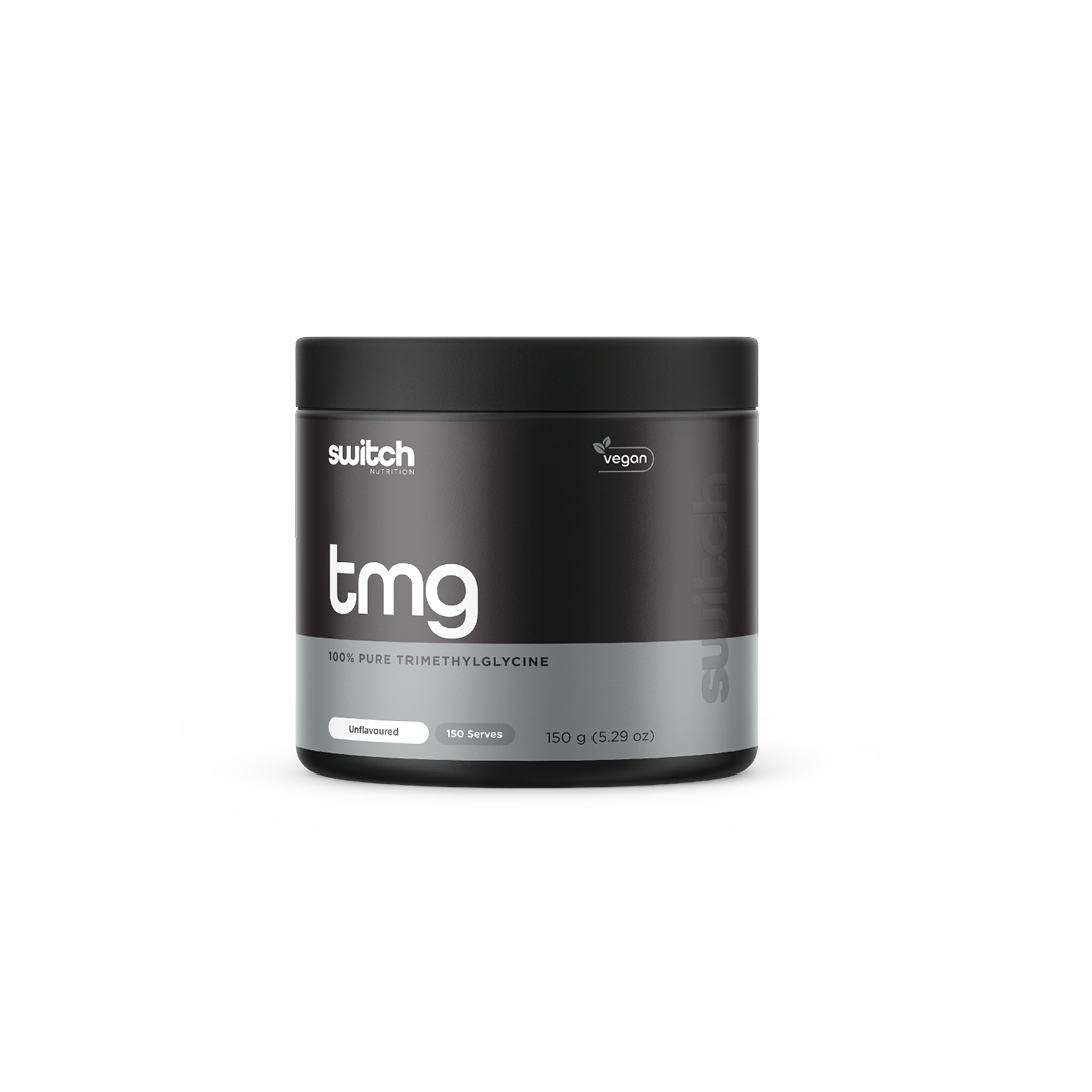 Jar of Switch Nutrition TMG, 100% pure trimethylglycine supplement, labeled vegan with 150 serves at 150 grams.