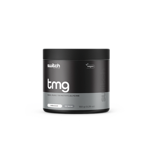 Jar of Switch Nutrition TMG, 100% pure trimethylglycine supplement, labeled vegan with 150 serves at 150 grams.