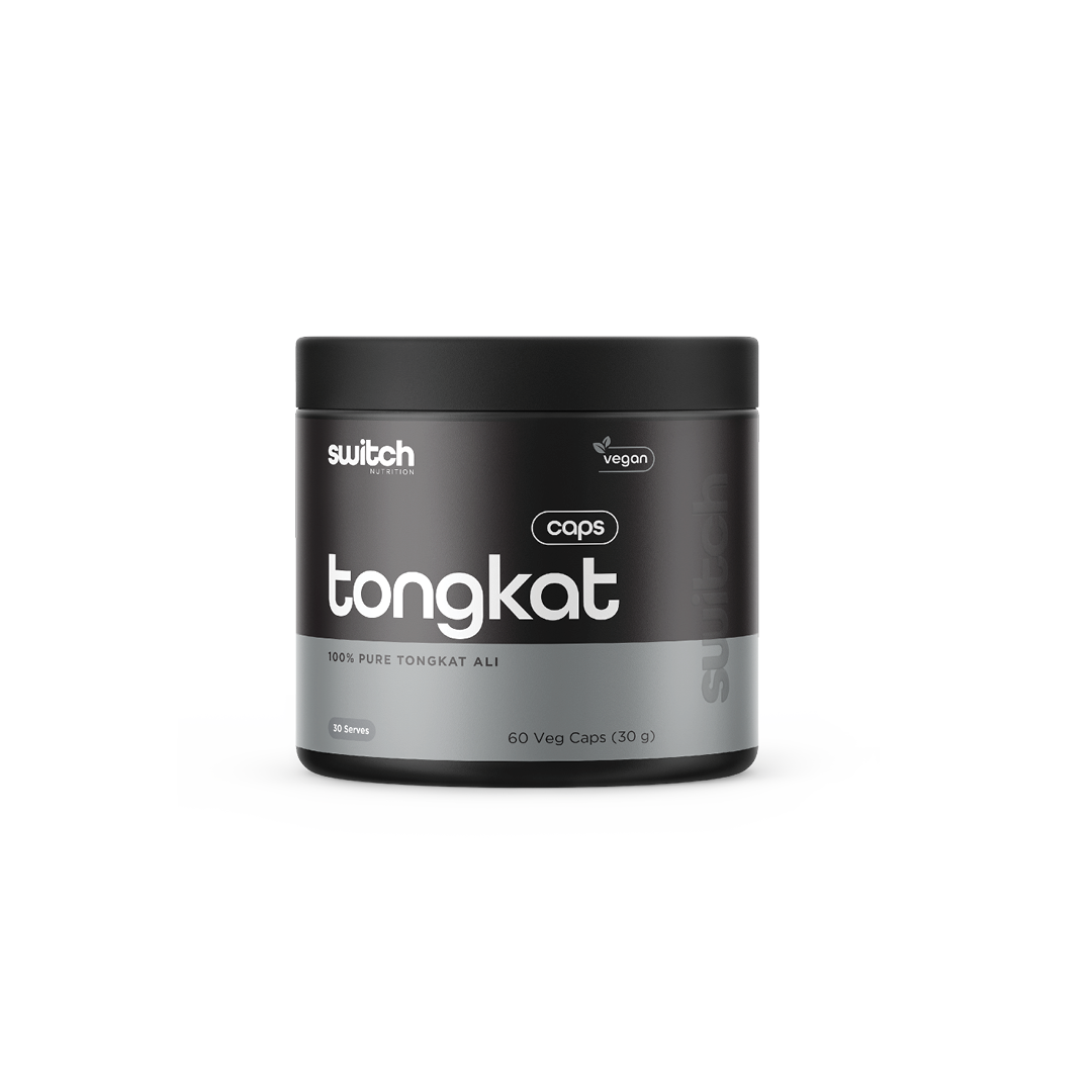 Container of Switch Nutrition 'tongkat' with '100% Pure Tongkat Ali' highlighted, vegan logo displayed, containing 60 capsules for 30 servings.