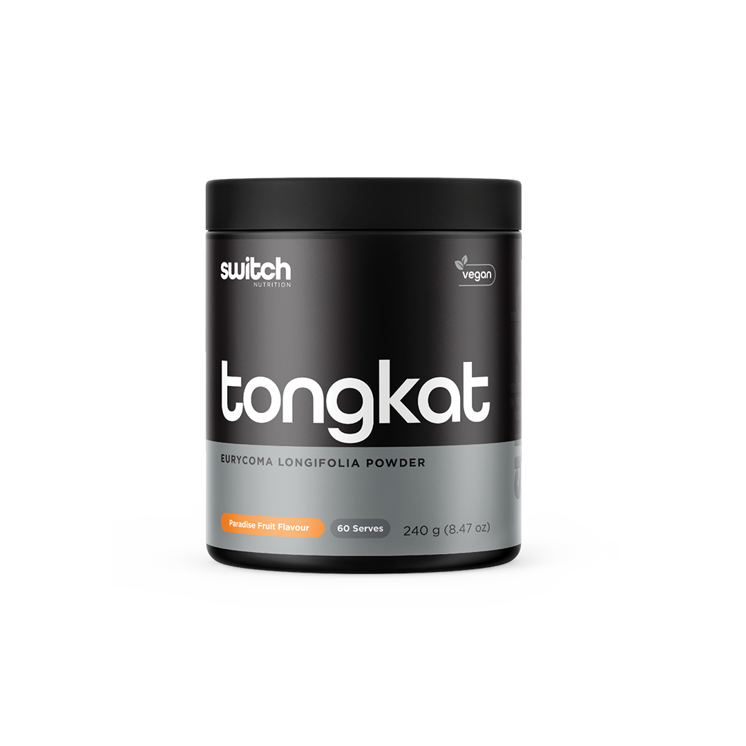 Container of Switch Nutrition 'tongkat' with '100% Pure Tongkat Ali' highlighted, vegan logo displayed, containing 60 servings in Paradise Fruits flavour.