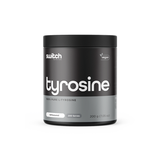 Close-up of a Switch Nutrition supplement container labeled 'tyrosine' with the text '100% Pure L-Tyrosine,' marked as vegan, unflavored, offering 200 servings in a 200g package.
