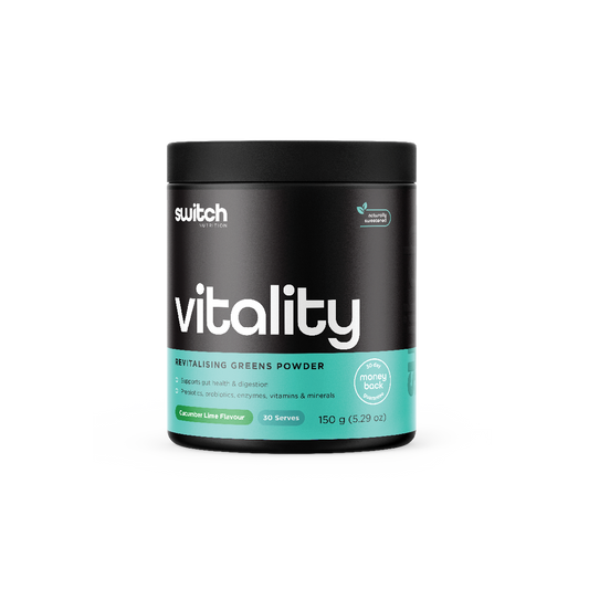 Vitality Switch 30 Serves - Revitalising Greens Powder in Cucumber Lime Flavour by Switch Nutrition. Supports gut health and digestion with prebiotics, probiotics, enzymes, vitamins, and minerals. 150g container with 30-day money-back guarantee.