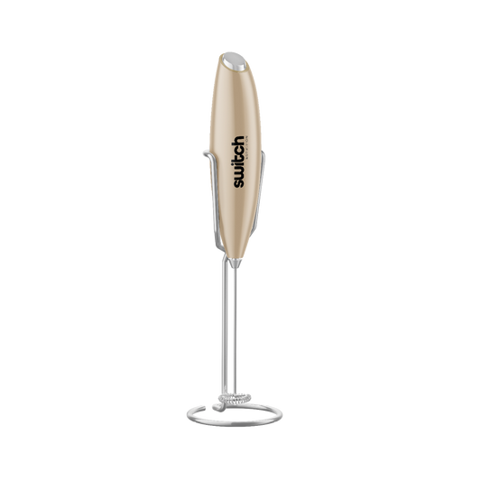 Switch Nutrition Whiz Stick Hand Blender (Beige): A sleek, beige hand blender with the Switch Nutrition logo, displayed in a stand.