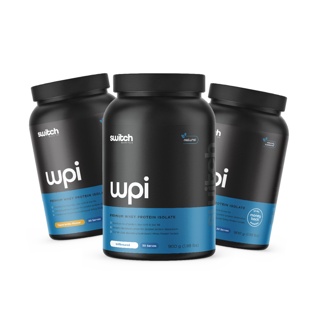 Switch Nutrition WPI Premium Whey Protein Isolate Bundle - Includes three 900g containers (30 Serves each) in Peanut Brittle, Milk Chocolate, and Vanilla Crème Flavours. Good source of protein, low carb & low fat with added digestive enzymes for greater protein absorption and fast absorbing hydrolysed Whey Protein Isolate. Naturally sweetened with a 30-day money-back guarantee.