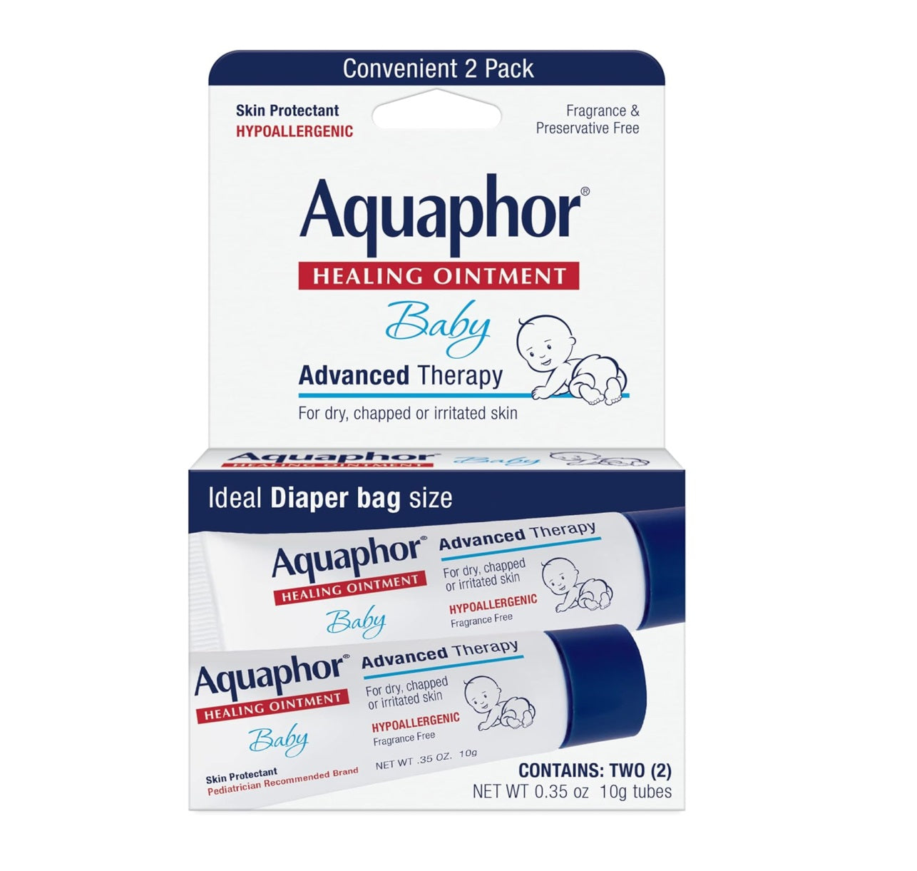 Aquaphor Baby Healing Ointment To-Go Pack - Advanced Therapy for Chapped Cheeks and Nappy Rash - Two .35 oz Tubes