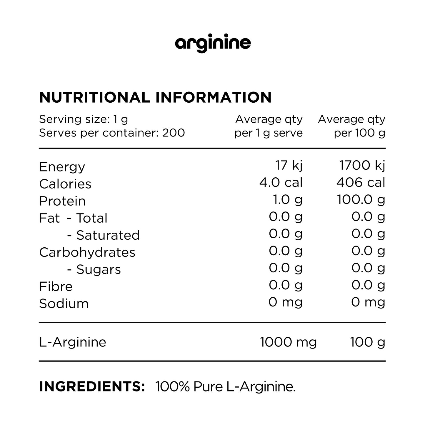 Nutritional label for Switch Nutrition Arginine detailing serving information with 1000 mg of pure L-Arginine per 1-gram serving, protein content, and zero fats or sugars.