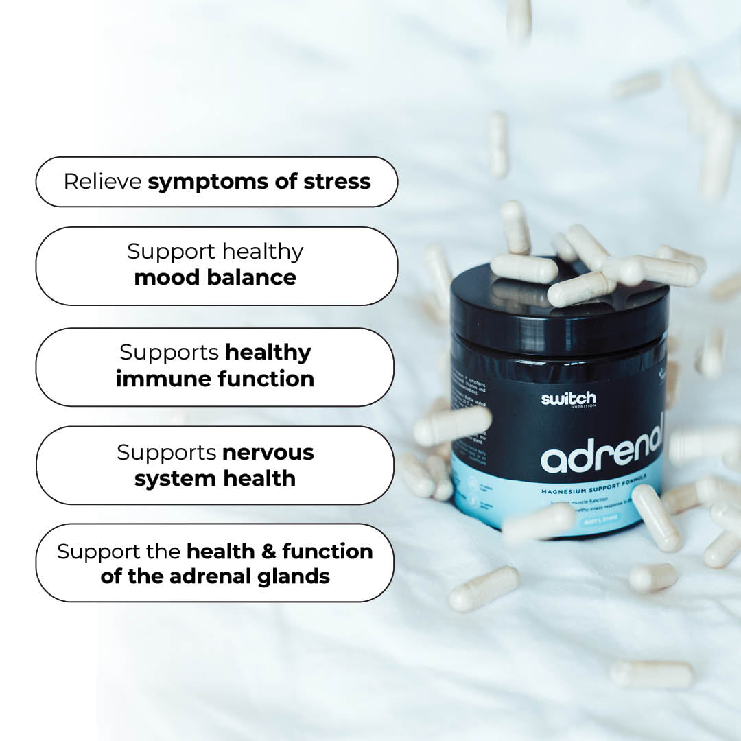 An image of a Switch Nutrition "adrenal" magnesium supplement container surrounded by capsules on white bedding. Text bubbles list benefits for stress relief, mood, immune and nervous system health, and adrenal support.