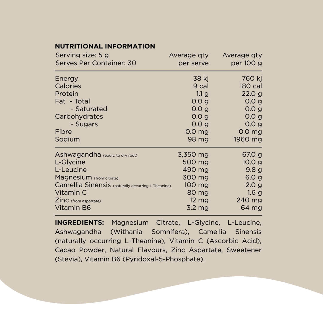 Nutrition information panel for Adrenal Switch. Containing 30 serves with mangnesium citrate, L-Glycine, L-Leucine, Ashwaganda and L-Theanine.