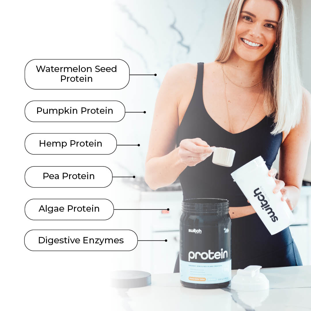 Smiling woman in fitness attire scooping from a Switch Nutrition Protein container, with highlighted ingredients like Watermelon Seed Protein and Digestive Enzymes.