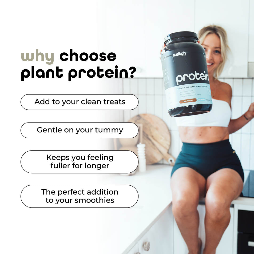 Joyful woman holding a large container of Switch Nutrition Protein next to a caption 'why choose plant protein?' with benefits like being gentle on the tummy and keeping you feeling full.