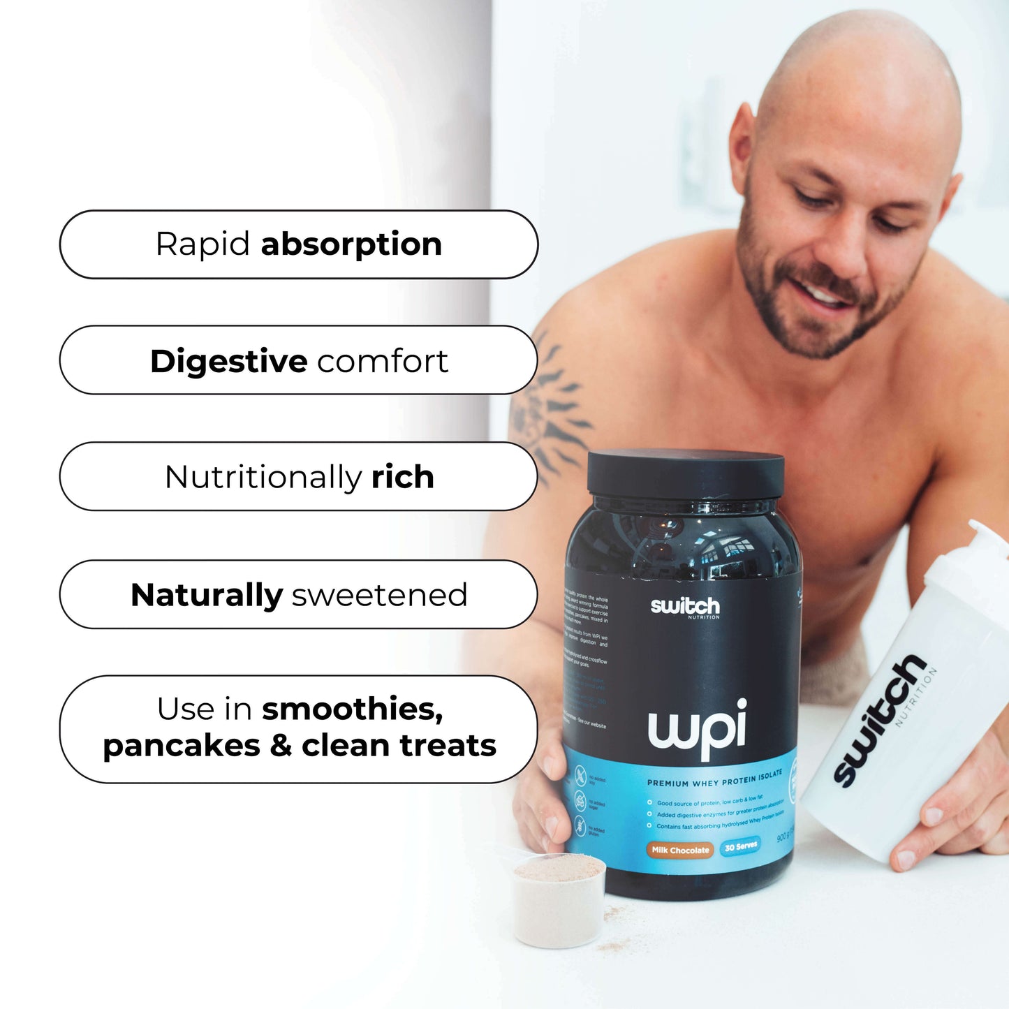 Bald man smiling while holding a scoop of Whey Protein Isolate powder next to a Switch Nutrition WPI container, with highlighted benefits including rapid absorption and digestive comfort